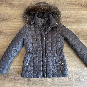 Ellen Tracy Chocolate Puffer Quilted Jacket with Faux Fur Trim